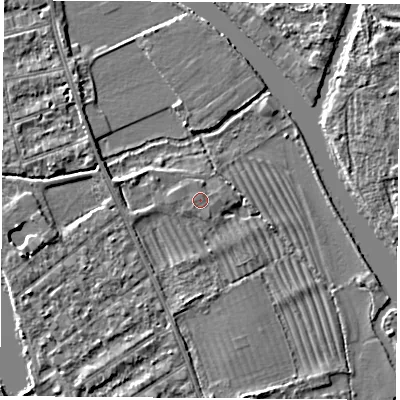Shaded relief map of the ground around OX14PS, computed from Environment Agency LiDAR. The ground here sits at about 56 m above sea level and falls 3 m across the surrounding 800 m. The ground contributing surface water to this point lies to the north-north-east.
