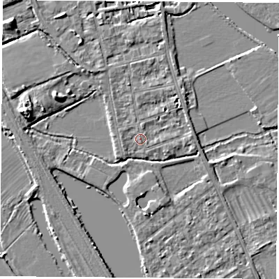 Shaded relief map of the ground around OX14PU, computed from Environment Agency LiDAR. The ground here sits at about 56 m above sea level and falls 6 m across the surrounding 800 m. Surface water reaching this point runs off ground lying to the west-north-west, 6.0 m higher.