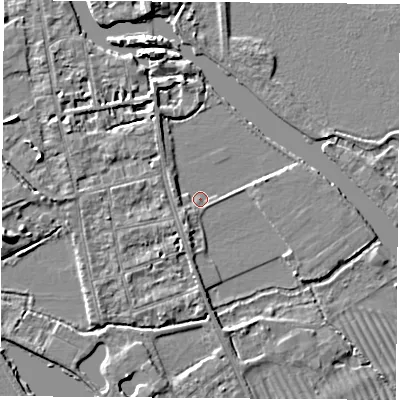 Shaded relief map of the ground around OX14PW, computed from Environment Agency LiDAR. The ground here sits at about 55 m above sea level and falls 5 m across the surrounding 800 m. Surface water reaching this point runs off ground lying to the south-west, 2.0 m higher.