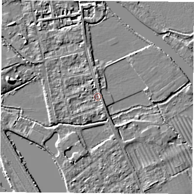 Shaded relief map of the ground around OX14PX, computed from Environment Agency LiDAR. The ground here sits at about 56 m above sea level and falls 5 m across the surrounding 800 m. Surface water reaching this point runs off ground lying to the south-south-east, 1.2 m higher.