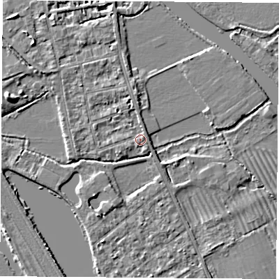 Shaded relief map of the ground around OX14PY, computed from Environment Agency LiDAR. The ground here sits at about 57 m above sea level and falls 5 m across the surrounding 800 m. Surface water reaching this point runs off ground lying to the east-north-east, 1.0 m higher.