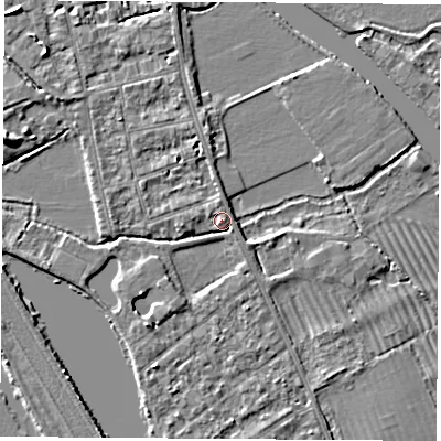 Shaded relief map of the ground around OX14PZ, computed from Environment Agency LiDAR. The ground here sits at about 57 m above sea level and falls 5 m across the surrounding 800 m. Surface water reaching this point runs off ground lying to the east-south-east, 1.7 m higher.