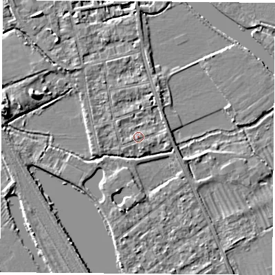 Shaded relief map of the ground around OX14QA, computed from Environment Agency LiDAR. The ground here sits at about 56 m above sea level and falls 6 m across the surrounding 800 m. Surface water reaching this point runs off ground lying to the east, 1.2 m higher.