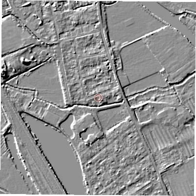 Shaded relief map of the ground around OX14QB, computed from Environment Agency LiDAR. The ground here sits at about 56 m above sea level and falls 6 m across the surrounding 800 m. Surface water reaching this point runs off ground lying to the east, 2.2 m higher.