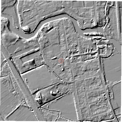 Shaded relief map of the ground around OX14QD, computed from Environment Agency LiDAR. The ground here sits at about 56 m above sea level and falls 6 m across the surrounding 800 m. Surface water reaching this point runs off ground lying to the south-south-west, 6.1 m higher.