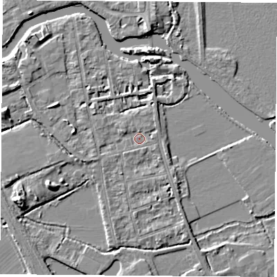 Shaded relief map of the ground around OX14QE, computed from Environment Agency LiDAR. The ground here sits at about 56 m above sea level and falls 6 m across the surrounding 800 m. Surface water reaching this point runs off ground lying to the west-north-west, 1.3 m higher.