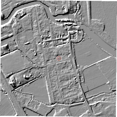 Shaded relief map of the ground around OX14QF, computed from Environment Agency LiDAR. The ground here sits at about 56 m above sea level and falls 6 m across the surrounding 800 m. Surface water reaching this point runs off ground lying to the north-west, 1.4 m higher.