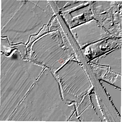 Shaded relief map of the ground around OX14QH, computed from Environment Agency LiDAR. The ground here sits at about 56 m above sea level and falls 7 m across the surrounding 800 m. The ground contributing surface water to this point lies to the west.