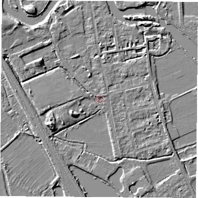 Shaded relief map of the ground around OX14QJ, computed from Environment Agency LiDAR. The ground here sits at about 56 m above sea level and falls 6 m across the surrounding 800 m. Surface water reaching this point runs off ground lying to the west-south-west, 4.2 m higher.
