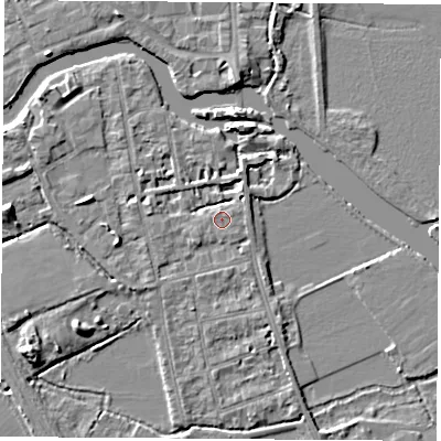 Shaded relief map of the ground around OX14QQ, computed from Environment Agency LiDAR. The ground here sits at about 57 m above sea level and falls 6 m across the surrounding 800 m. Surface water reaching this point runs off ground lying to the north-east, 2.6 m higher.