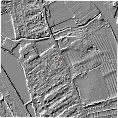 Shaded relief map of the ground around OX14RA, computed from Environment Agency LiDAR. The ground here sits at about 56 m above sea level and falls 3 m across the surrounding 800 m. Surface water reaching this point runs off ground lying to the west-south-west, 1.0 m higher.