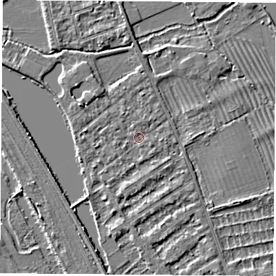 Shaded relief map of the ground around OX14RB, computed from Environment Agency LiDAR. The ground here sits at about 56 m above sea level and falls 3 m across the surrounding 800 m. Surface water reaching this point runs off ground lying to the west-north-west, 2.4 m higher.