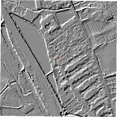 Shaded relief map of the ground around OX14RD, computed from Environment Agency LiDAR. The ground here sits at about 56 m above sea level and falls 3 m across the surrounding 800 m. Surface water reaching this point runs off ground lying to the north-north-west, 2.4 m higher.
