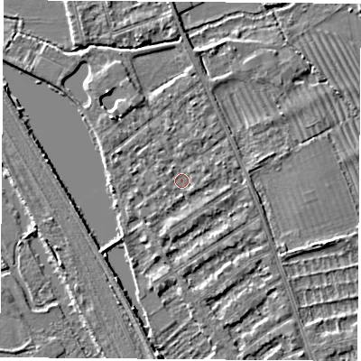 Shaded relief map of the ground around OX14RE, computed from Environment Agency LiDAR. The ground here sits at about 56 m above sea level and falls 3 m across the surrounding 800 m. Surface water reaching this point runs off ground lying to the north-west, 2.4 m higher.