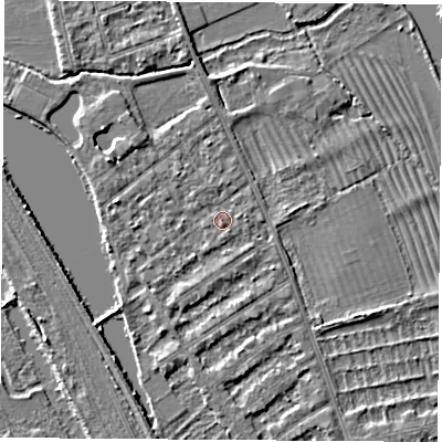 Shaded relief map of the ground around OX14RF, computed from Environment Agency LiDAR. The ground here sits at about 56 m above sea level and falls 3 m across the surrounding 800 m. Surface water reaching this point runs off ground lying to the west-north-west, 2.4 m higher.