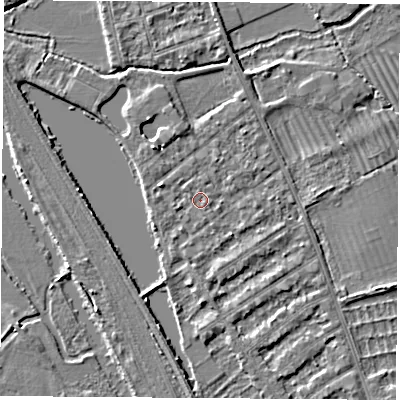 Shaded relief map of the ground around OX14RG, computed from Environment Agency LiDAR. The ground here sits at about 56 m above sea level and falls 3 m across the surrounding 800 m. Surface water reaching this point runs off ground lying to the west-north-west, 1.5 m higher.