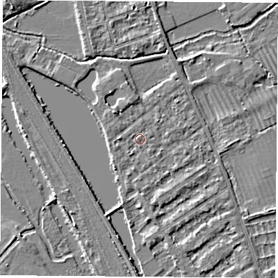 Shaded relief map of the ground around OX14RH, computed from Environment Agency LiDAR. The ground here sits at about 56 m above sea level and falls 4 m across the surrounding 800 m. Surface water reaching this point runs off ground lying to the west, 1.5 m higher.