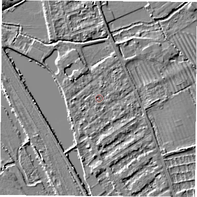 Shaded relief map of the ground around OX14RJ, computed from Environment Agency LiDAR. The ground here sits at about 56 m above sea level and falls 3 m across the surrounding 800 m. Surface water reaching this point runs off ground lying to the west-north-west, 2.4 m higher.