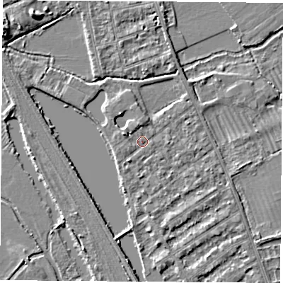 Shaded relief map of the ground around OX14RP, computed from Environment Agency LiDAR. The ground here sits at about 56 m above sea level and falls 6 m across the surrounding 800 m. Surface water reaching this point runs off ground lying to the west-north-west, 2.4 m higher.