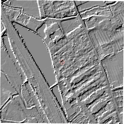 Shaded relief map of the ground around OX14RQ, computed from Environment Agency LiDAR. The ground here sits at about 56 m above sea level and falls 3 m across the surrounding 800 m. Surface water reaching this point runs off ground lying to the north-north-west, 2.4 m higher.