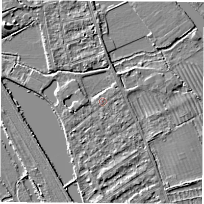 Shaded relief map of the ground around OX14RR, computed from Environment Agency LiDAR. The ground here sits at about 56 m above sea level and falls 5 m across the surrounding 800 m. The ground contributing surface water to this point lies to the north-north-east.