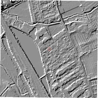 Shaded relief map of the ground around OX14RW, computed from Environment Agency LiDAR. The ground here sits at about 56 m above sea level and falls 6 m across the surrounding 800 m. Surface water reaching this point runs off ground lying to the north-west, 2.4 m higher.
