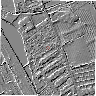 Shaded relief map of the ground around OX14RZ, computed from Environment Agency LiDAR. The ground here sits at about 56 m above sea level and falls 3 m across the surrounding 800 m. Surface water reaching this point runs off ground lying to the north-west, 2.4 m higher.