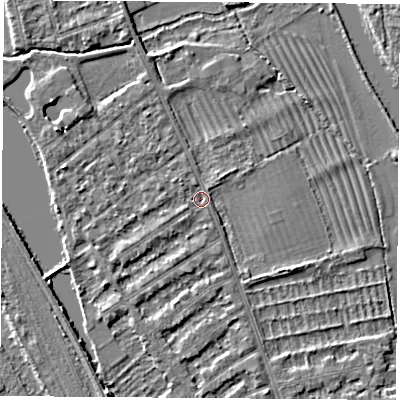 Shaded relief map of the ground around OX14SP, computed from Environment Agency LiDAR. The ground here sits at about 55 m above sea level and falls 3 m across the surrounding 800 m. Surface water reaching this point runs off ground lying to the south-west, 1.7 m higher.