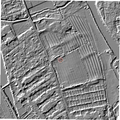 Shaded relief map of the ground around OX14SR, computed from Environment Agency LiDAR. The ground here sits at about 56 m above sea level and falls 3 m across the surrounding 800 m. Surface water reaching this point runs off ground lying to the south-south-east, 2.2 m higher.
