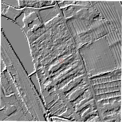Shaded relief map of the ground around OX14SS, computed from Environment Agency LiDAR. The ground here sits at about 56 m above sea level and falls 3 m across the surrounding 800 m. Surface water reaching this point runs off ground lying to the north-west, 2.4 m higher.