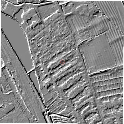 Shaded relief map of the ground around OX14ST, computed from Environment Agency LiDAR. The ground here sits at about 56 m above sea level and falls 3 m across the surrounding 800 m. Surface water reaching this point runs off ground lying to the south-west, 1.7 m higher.