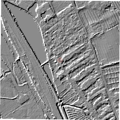 Shaded relief map of the ground around OX14SU, computed from Environment Agency LiDAR. The ground here sits at about 56 m above sea level and falls 3 m across the surrounding 800 m. Surface water reaching this point runs off ground lying to the south-south-east, 1.7 m higher.