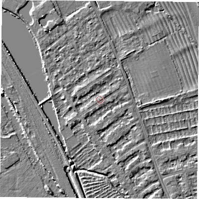 Shaded relief map of the ground around OX14SX, computed from Environment Agency LiDAR. The ground here sits at about 56 m above sea level and falls 3 m across the surrounding 800 m. Surface water reaching this point runs off ground lying to the north-east, 1.3 m higher.