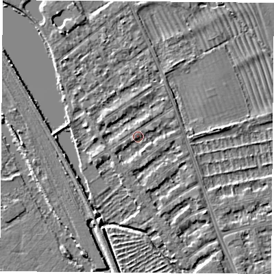 Shaded relief map of the ground around OX14SZ, computed from Environment Agency LiDAR. The ground here sits at about 56 m above sea level and falls 3 m across the surrounding 800 m. Surface water reaching this point runs off ground lying to the south-south-east, 1.4 m higher.