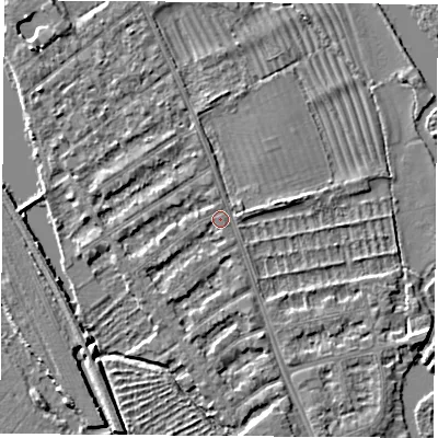 Shaded relief map of the ground around OX14TA, computed from Environment Agency LiDAR. The ground here sits at about 56 m above sea level and falls 4 m across the surrounding 800 m. Surface water reaching this point runs off ground lying to the west-south-west, 1.4 m higher.