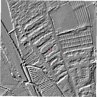 Shaded relief map of the ground around OX14TD, computed from Environment Agency LiDAR. The ground here sits at about 56 m above sea level and falls 4 m across the surrounding 800 m. Surface water reaching this point runs off ground lying to the south-west, 1.5 m higher.