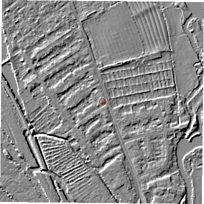 Shaded relief map of the ground around OX14TE, computed from Environment Agency LiDAR. The ground here sits at about 56 m above sea level and falls 4 m across the surrounding 800 m. Surface water reaching this point runs off ground lying to the west, 1.6 m higher.