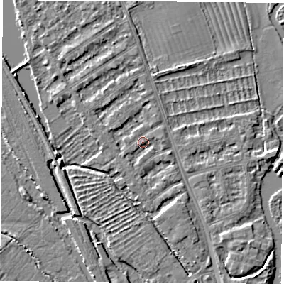 Shaded relief map of the ground around OX14TG, computed from Environment Agency LiDAR. The ground here sits at about 56 m above sea level and falls 4 m across the surrounding 800 m. Surface water reaching this point runs off ground lying to the south-west, 1.5 m higher.