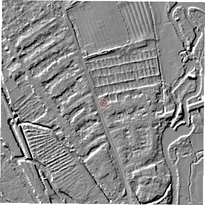 Shaded relief map of the ground around OX14TH, computed from Environment Agency LiDAR. The ground here sits at about 56 m above sea level and falls 4 m across the surrounding 800 m. Surface water reaching this point runs off ground lying to the south, 2.2 m higher.