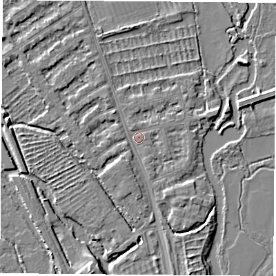 Shaded relief map of the ground around OX14TJ, computed from Environment Agency LiDAR. The ground here sits at about 56 m above sea level and falls 5 m across the surrounding 800 m. Surface water reaching this point runs off ground lying to the south-south-east, 3.3 m higher.