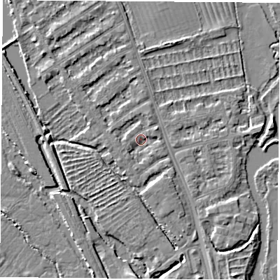 Shaded relief map of the ground around OX14TL, computed from Environment Agency LiDAR. The ground here sits at about 55 m above sea level and falls 4 m across the surrounding 800 m. Surface water reaching this point runs off ground lying to the south, 1.4 m higher.