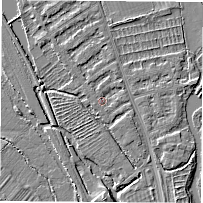 Shaded relief map of the ground around OX14TN, computed from Environment Agency LiDAR. The ground here sits at about 56 m above sea level and falls 5 m across the surrounding 800 m. Surface water reaching this point runs off ground lying to the south-south-east, 1.4 m higher.