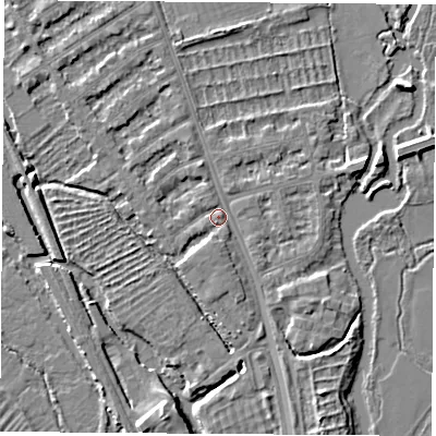 Shaded relief map of the ground around OX14TQ, computed from Environment Agency LiDAR. The ground here sits at about 56 m above sea level and falls 5 m across the surrounding 800 m. Surface water reaching this point runs off ground lying to the south-south-east, 3.3 m higher.