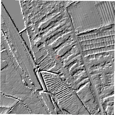 Shaded relief map of the ground around OX14TR, computed from Environment Agency LiDAR. The ground here sits at about 56 m above sea level and falls 4 m across the surrounding 800 m. Surface water reaching this point runs off ground lying to the south-east, 1.5 m higher.