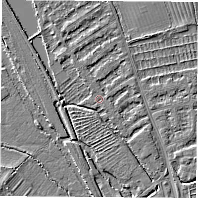Shaded relief map of the ground around OX14TY, computed from Environment Agency LiDAR. The ground here sits at about 56 m above sea level and falls 4 m across the surrounding 800 m. Surface water reaching this point runs off ground lying to the east, 0.8 m higher.