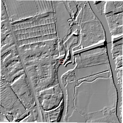 Shaded relief map of the ground around OX14UP, computed from Environment Agency LiDAR. The ground here sits at about 55 m above sea level and falls 6 m across the surrounding 800 m. Surface water reaching this point runs off ground lying to the north-north-west, 2.7 m higher.