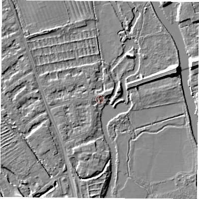 Shaded relief map of the ground around OX14UR, computed from Environment Agency LiDAR. The ground here sits at about 56 m above sea level and falls 6 m across the surrounding 800 m. Surface water reaching this point runs off ground lying to the north-east, 1.9 m higher.
