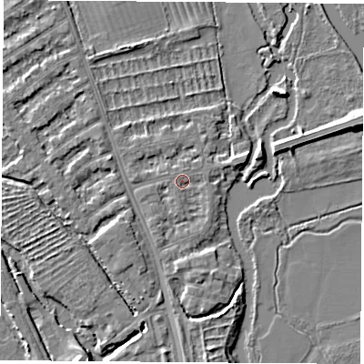 Shaded relief map of the ground around OX14US, computed from Environment Agency LiDAR. The ground here sits at about 56 m above sea level and falls 6 m across the surrounding 800 m. Surface water reaching this point runs off ground lying to the south, 0.8 m higher.