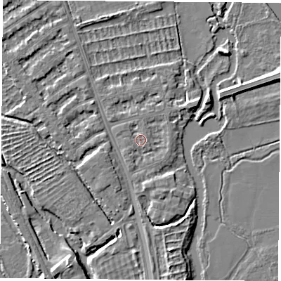Shaded relief map of the ground around OX14UT, computed from Environment Agency LiDAR. The ground here sits at about 56 m above sea level and falls 5 m across the surrounding 800 m. Surface water reaching this point runs off ground lying to the south-south-west, 1.0 m higher.