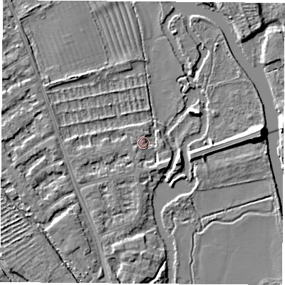 Shaded relief map of the ground around OX14UX, computed from Environment Agency LiDAR. The ground here sits at about 56 m above sea level and falls 6 m across the surrounding 800 m. Surface water reaching this point runs off ground lying to the south-east, 2.9 m higher.